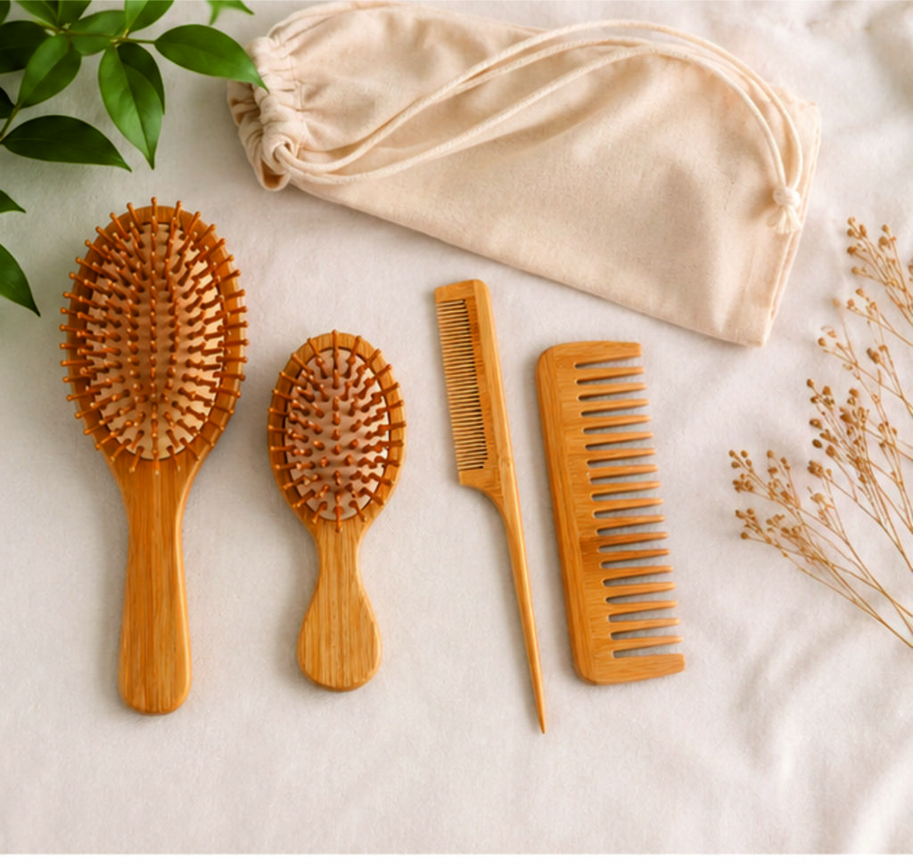 Juego de cuatro cepillos de Bambú para el cabello